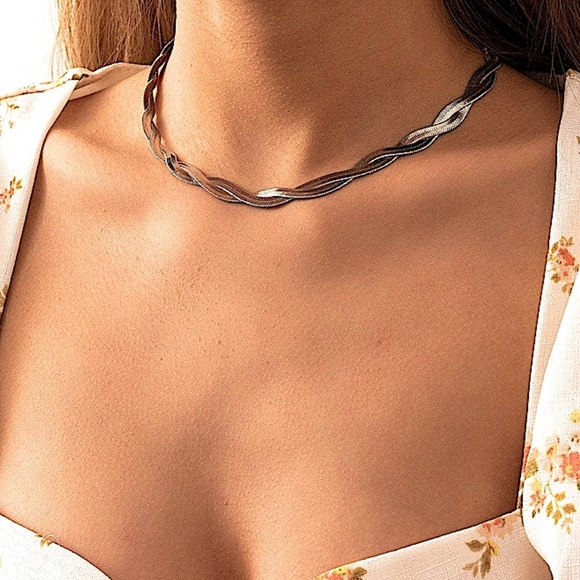 Twisted Braided Sterling Silver Herringbone Flat Snake Choker Necklace - Picture 2 of 10